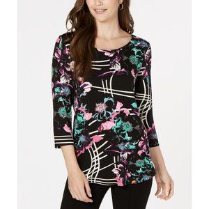 JM Collection Black Floral Scoop Neck Long Sleeve Top with Pink & Teal Accents